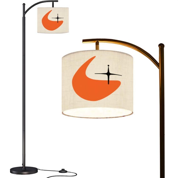 MCM Arc Floor Lamp: Atomic Orange Boomerang Print, Linen Shade, LED Bulb