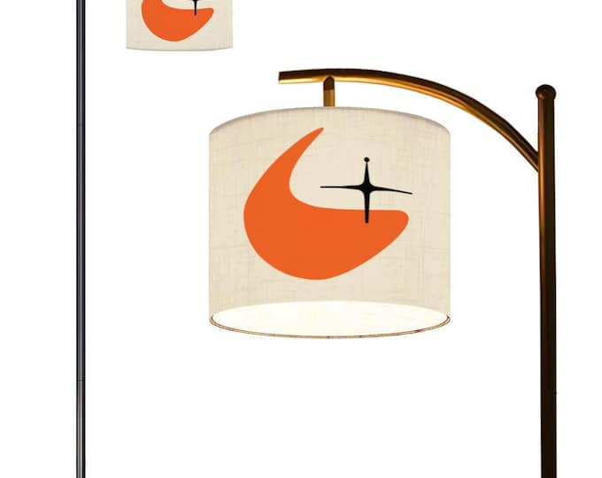 Featured listing image: MCM Arc Floor Lamp - Atomic Age Print Orange Boomerang and Starburst - Linen Lampshade with LED Smart Bulb and Remote Included (Made in USA)