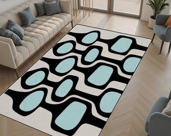Mid Century Modern Geometrischer Teppich | Retro Blau Schwarz Muster