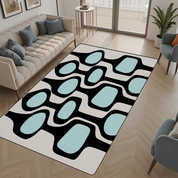 Mid Century Modern Geometric Area Rug | Retro Blue Black Pattern
