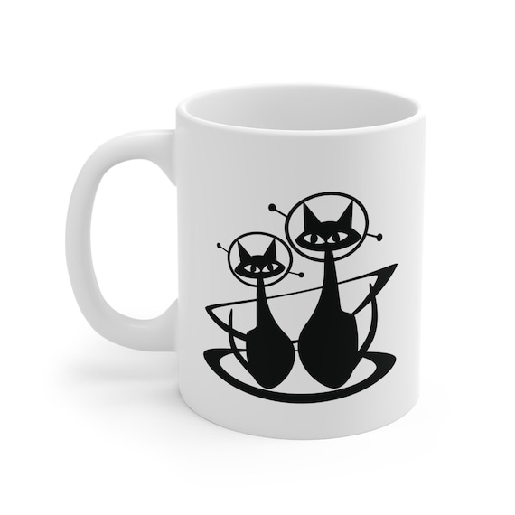 Retro Space Cats Mug | Mid Century Modern Atomic Cat Illustration