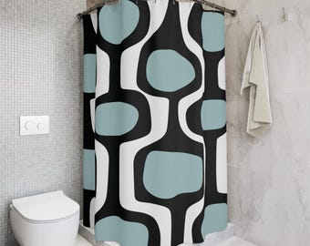 Mid century modern shower curtain: retro blue & black bathroom decor