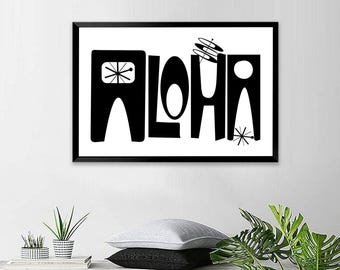 Aloha Wall Art - Ready to hang Metal Framed MCM Poster Print - Atomic Age 1950s Style Home Decor