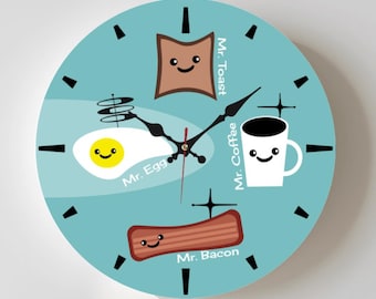 MCM Retro Breakfast Clock – Smiley Egg, Coffee, Toast, Bacon Starbursts (9.8" Wood)