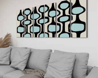 MCM 6 Panel Canvas Wall Art – Retro Blue and Beige Mid Century Modern