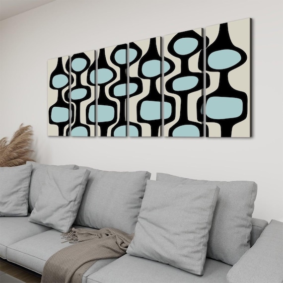 MCM 6 Panel Canvas Wall Art – Retro Blue and Beige Mid Century Modern