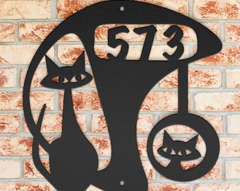 Mid Century Modern House Number: Atomic Cats at Play, Retro Boomerang Design