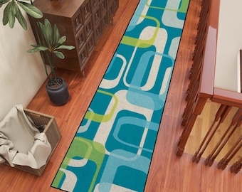 Runner Rug 120 x 24 Inches - Retro Mid Century Modern Geometric Print in Vintage Blue - WORLDWIDE SHIPPING AVAILABLE