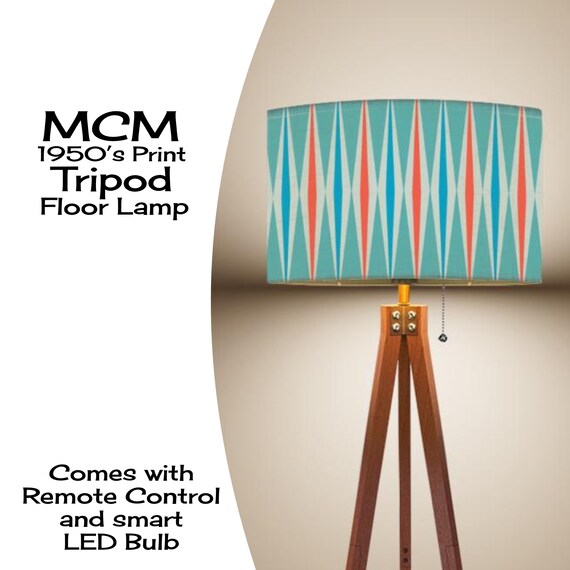MCM Tripod Floor Lamp: Retro Diamond Linen Lampshade, Wood Base, LED Remote
