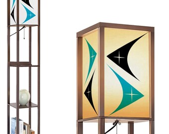 MCM Floor Lamp with Shelves - Atomic Age Boomerang Print in Black and Vintage Blue - Linen Shade, Wood Frame, USB Port,  (Made in USA)