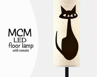 Atomic Age Black Cat Floor Lamp: Linen Shade, LED & Remote