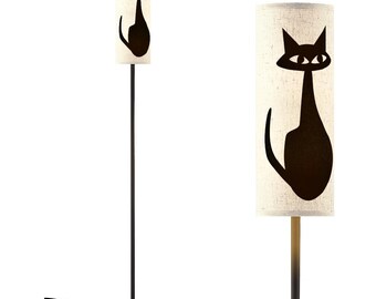 MCM Floor Lamp - Atomic Age Retro Black Cat Print on a Linen Shade - LED and Remote Control Included - Worldwide Shipping Available