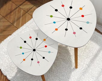 Triangle Coffee Tables (Set of 2) - Mid Century Modern Style - Retro Atomic Age Starburst Print End Tables - (Made in the USA)