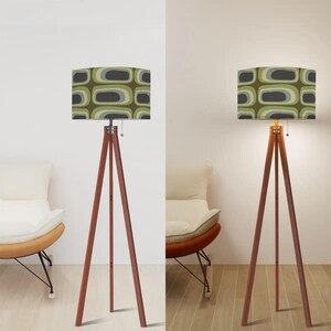 MCM Tripod Floor Lamp - Retro Earth Tone Green Ovals Print - with Remote and LED Bulb image 7