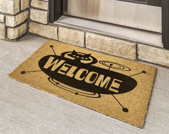 Atomic Age Space Kitty MCM Welcome Mat / Outdoor Doormat CUSTOM TEXT