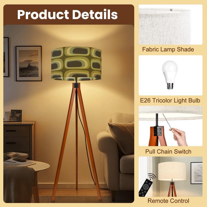 MCM Tripod Floor Lamp - Retro Earth Tone Green Ovals Print - with Remote and LED Bulb image 6