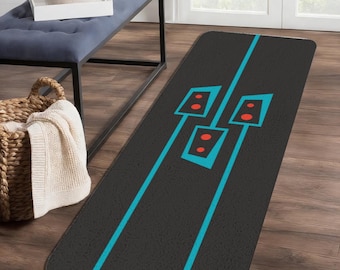Mid Century Modern Runner Mat – Atomic Age Retro Blue Charcoal Gray Print