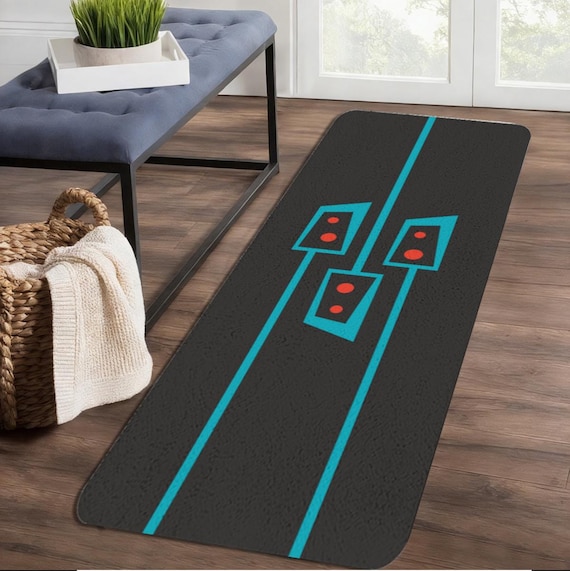 Mid Century Modern Runner Mat – Atomic Age Retro Blue Charcoal Gray Print