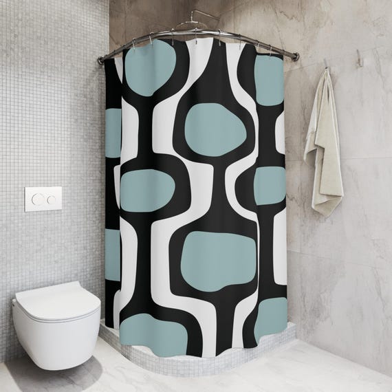 Mid Century Modern Shower Curtain: Retro Blue & Black Bathroom Decor