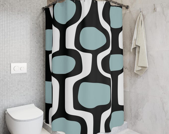 Featured listing image: MCM Shower Curtain in Vintage Blue and Black on White - Mid Century Modern Print - Retro Bathroom Decor