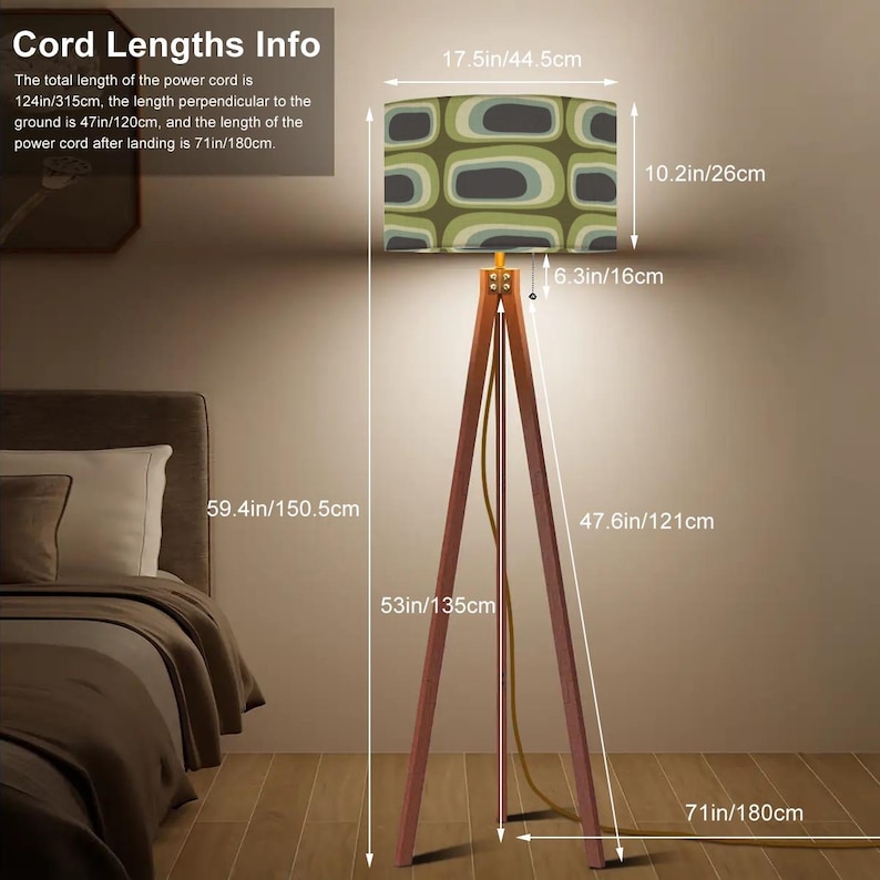 MCM Tripod Floor Lamp - Retro Earth Tone Green Ovals Print - with Remote and LED Bulb image 5