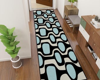 Mid Century Modern Runner Rugs - Retro Blue and Black on Beige Modern Print - Anti-Slip Backing Area Rug in 3 Sizing Options