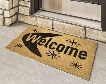 Outdoor Retro WELCOME MAT Mid Century Modern Boomerang Starburst Print
