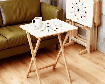 MCM TV Tray Tables (Set of 4) with Wooden Storage Rack - Mid-Century Modern Print