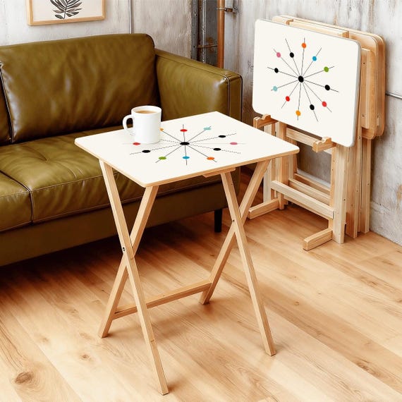 MCM TV Tray Tables (Set of 4) with Wooden Storage Rack - Mid-Century Modern Print