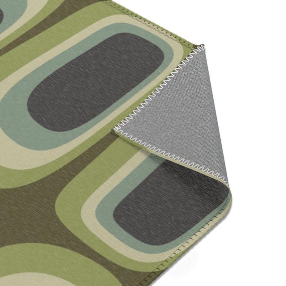 Mid Century Retro Oval Pattern Area Rug | Olive Green Geometric