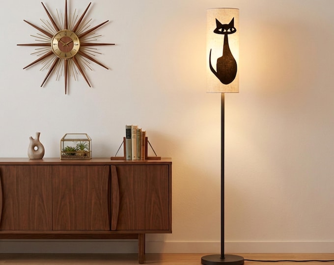 Featured listing image: Atomic Age Black Cat Floor Lamp: Linen Shade, LED & Remote
