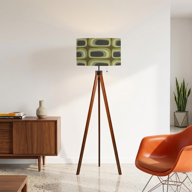 MCM Tripod Floor Lamp - Retro Earth Tone Green Ovals Print - with Remote and LED Bulb image 2