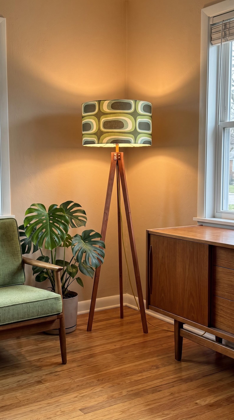 MCM Tripod Floor Lamp - Retro Earth Tone Green Ovals Print - with Remote and LED Bulb image 1
