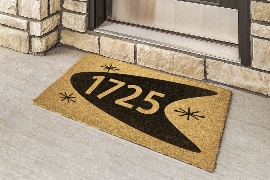 House Number DOORMAT Mid Century Modern Boomerang and Starbursts Coir Bristle Outdoor