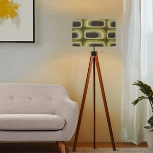 MCM Tripod Floor Lamp - Retro Earth Tone Green Ovals Print - with Remote and LED Bulb image 4