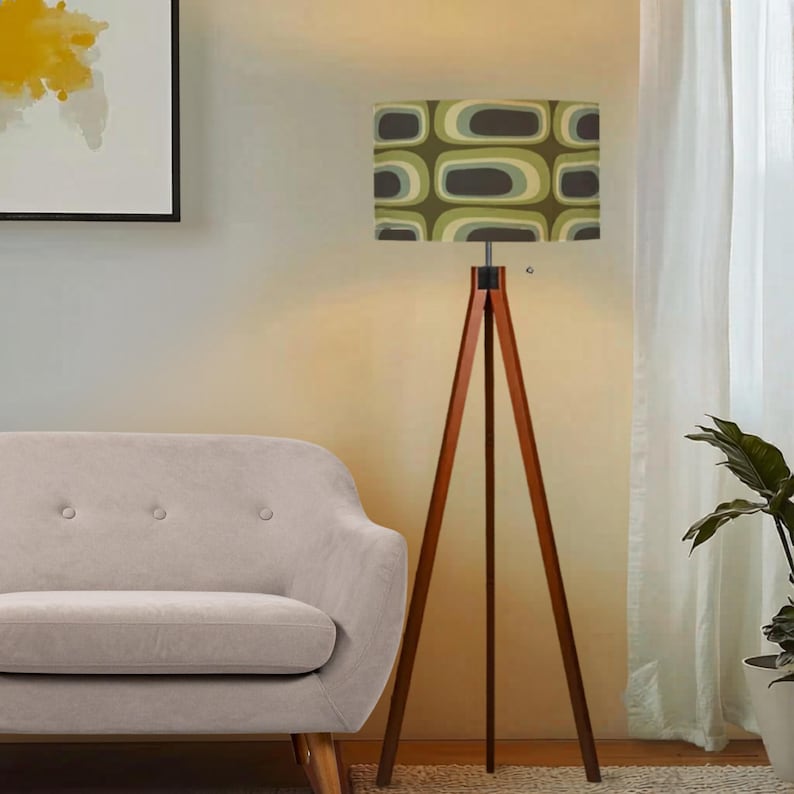 MCM Tripod Floor Lamp - Retro Earth Tone Green Ovals Print - with Remote and LED Bulb image 4
