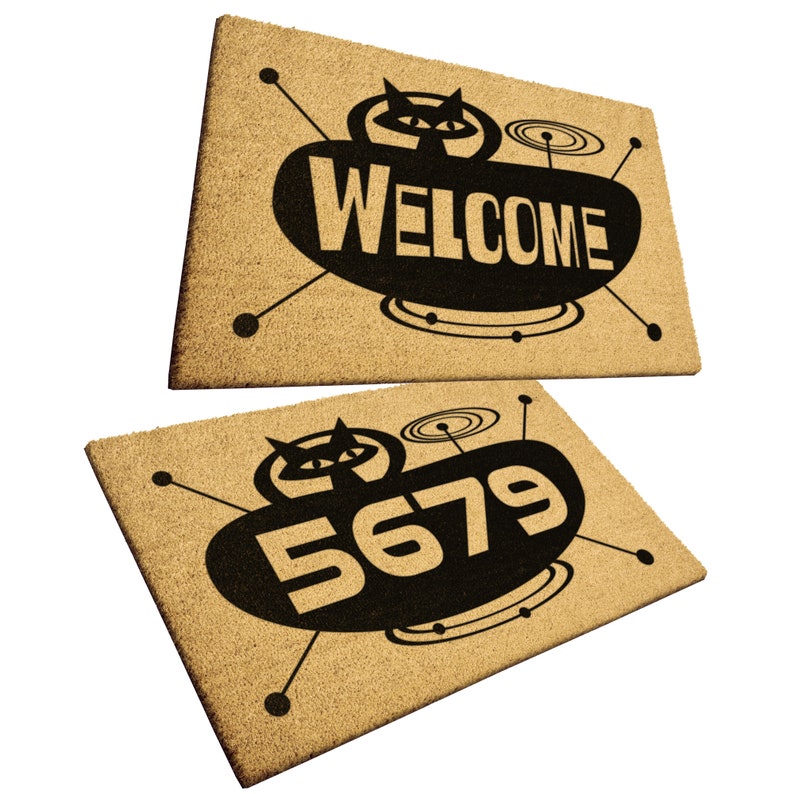 Atomic Age Space Kitty MCM Welcome Mat / Outdoor Doormat CUSTOM TEXT image 5