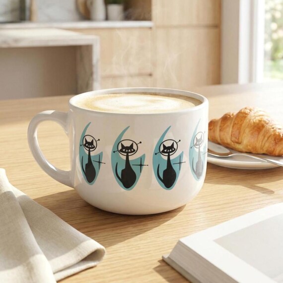Set of 2 - Atomic Space Cat Print Jumbo 25 oz. MCM Mugs - Retro Kitchen