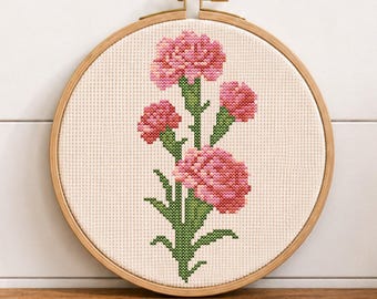 Carnation Cross Stitch Pattern PDF, January Birth Flower Embroidery
