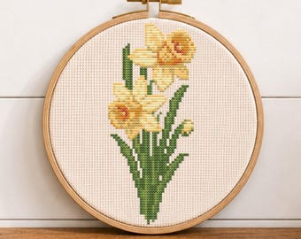 Daffodil Cross Stitch Pattern PDF, March Birth Flower Embroidery