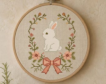 Floral Bunny Cross Stitch Pattern, Folk Art Rabbit, Farmhouse Embroidery PDF