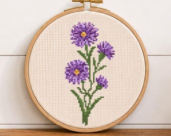 Aster Cross Stitch Pattern PDF, September Birth Flower Embroidery