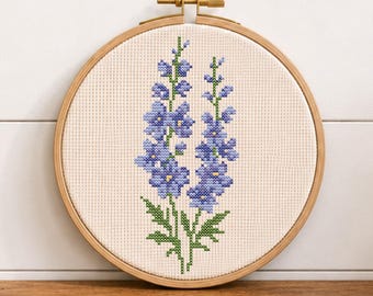 Larkspur Cross Stitch Pattern PDF, July Birth Flower Embroidery