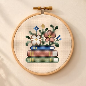 Tiny Floral Book Stack Cross Stitch Pattern, Bookish Mini PDF Download