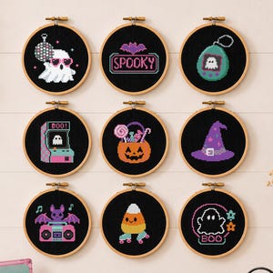 Retro Halloween Cross Stitch Pattern Bundle PDF, 9 Mini Halloween Cross Stitch Designs, Beginner Friendly