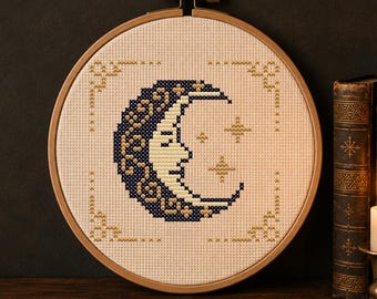 Crescent Moon Cross Stitch Pattern PDF, Celestial Moon Embroidery