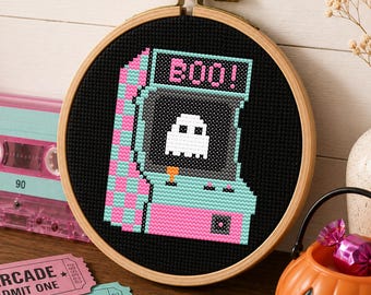 Ghost Arcade Cross Stitch PDF,  Retro Halloween Decor,  Mini Embroidery Pattern