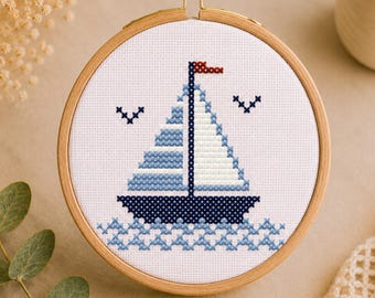 Mini modèle de point de croix de voilier, PDF côtier, conception nautique pour débutant