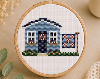 Petite maison courtepointe, point de croix, motif PDF, motif de broderie cottage americana