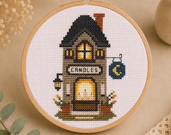Petit modèle de point de croix de la boutique de bougies, chalet d'Halloween douillet PDF
